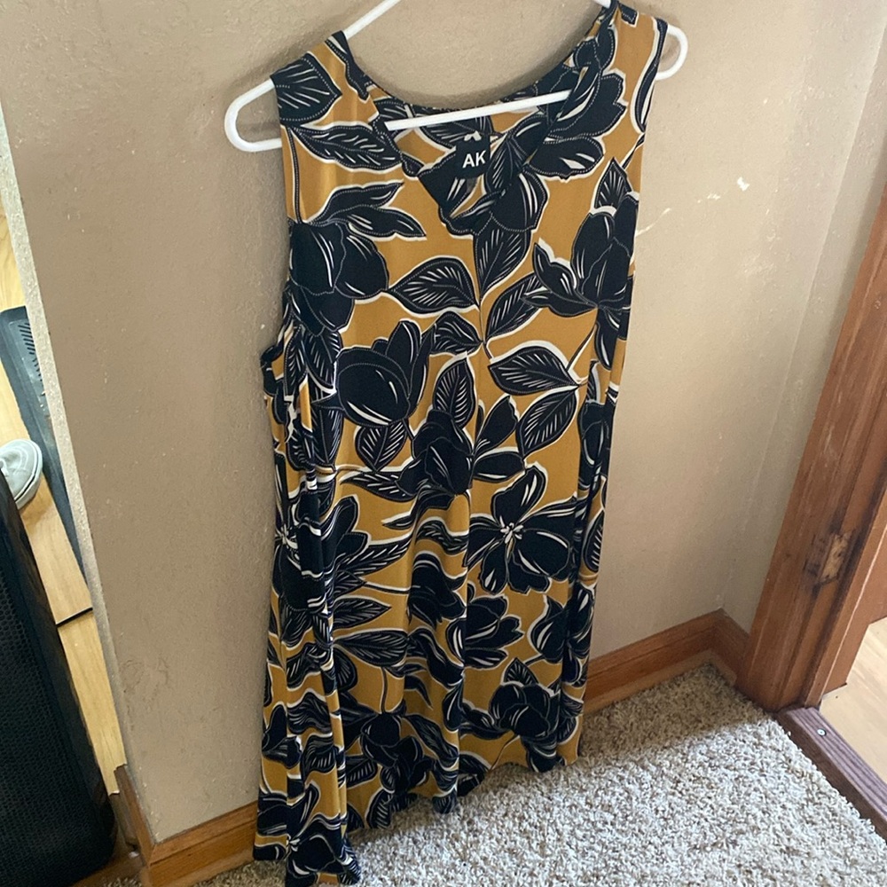 Mustard, black and white flowered sleeveless dress